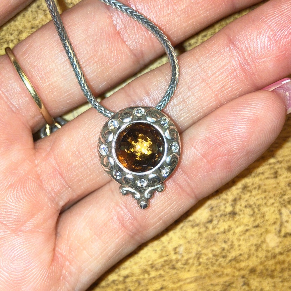 Sterling Silver Amber-Color Crystal Pendant Necklace - Elegant Women's Jewelry
